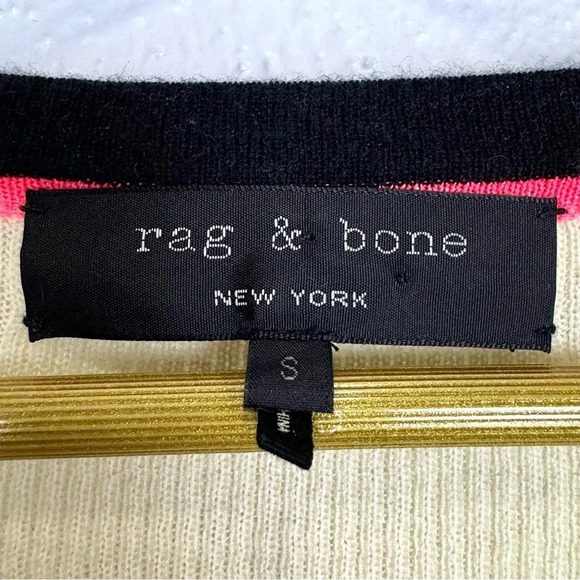 Rag & Bone Cashmere Wool Cream V-Neck Sweater Small Striped Neon Pink Black Neck - Picture 5 of 7